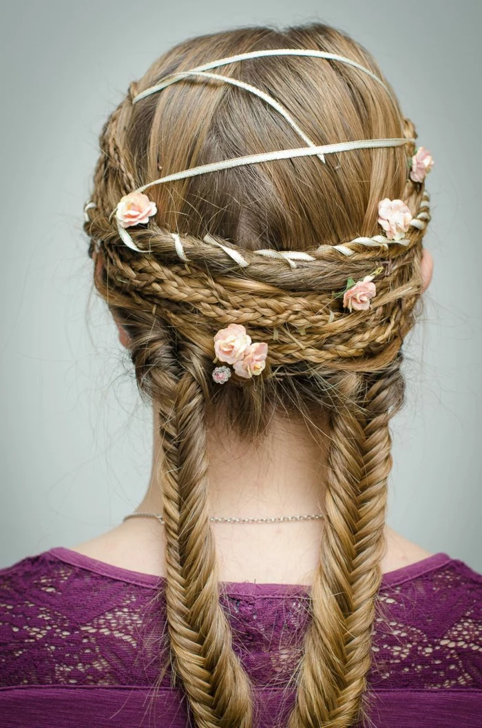 renaissance hairstyles, dark blond hair, woven in two braids, with more differently sized braids and twists, in the upper part of the head, decorated with white ribbon, and small pink flowers, medieval women hairstyles