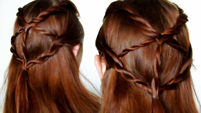 straight auburn hair, with five crossing braids, joining in the middle, seen from two angles