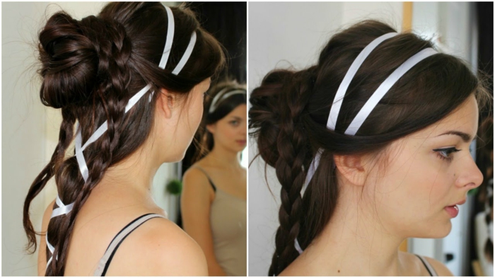 hairstyle with several braids and a bun, decorated with white ribbon, worn by brunette woman, seen from two angles