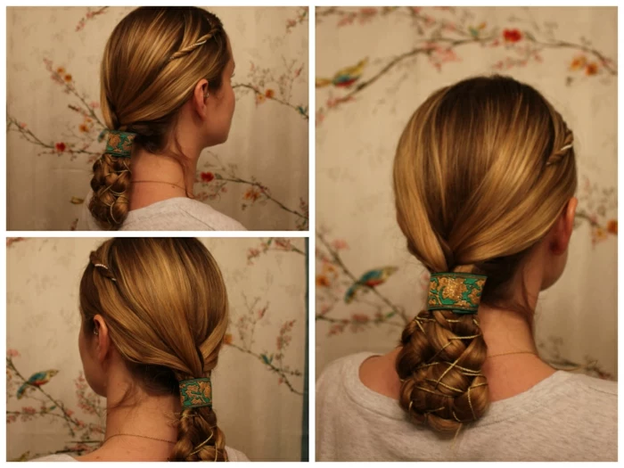blond hair with small side twist, braided at the bottom, decorated with golden string, and a green embroidered ribbon