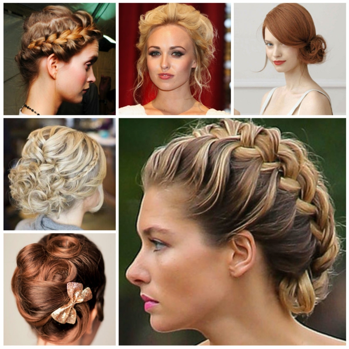 elizabethan hairstyles, six images showing examples of hairstyles, inspired by history, plaids and curls, buns and bows, on blonde and ginger hair