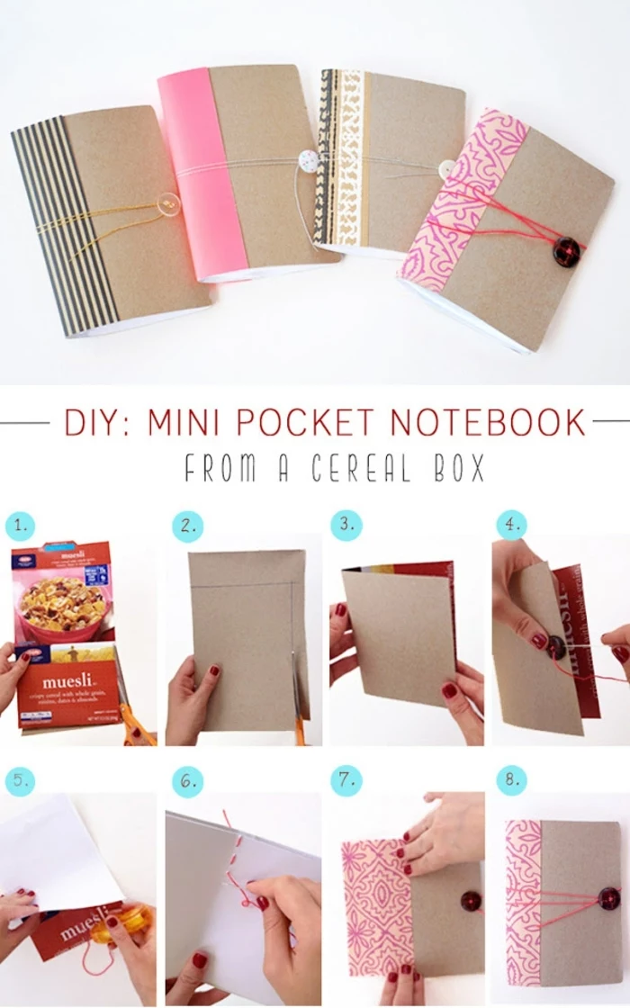 four beige-colored notebooks, made from cereal boxes, decorated with colorful and patterned paper, and buttons and string, fun and easy crafts, step by step tutorial