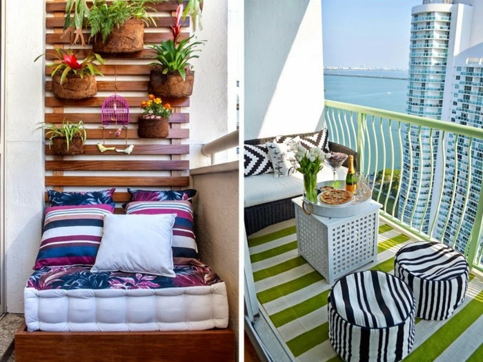 two suggestions for balcony decoration, wooden shelf with potted plants, over settee in white blue and purple, green striped rug, with black and white furniture