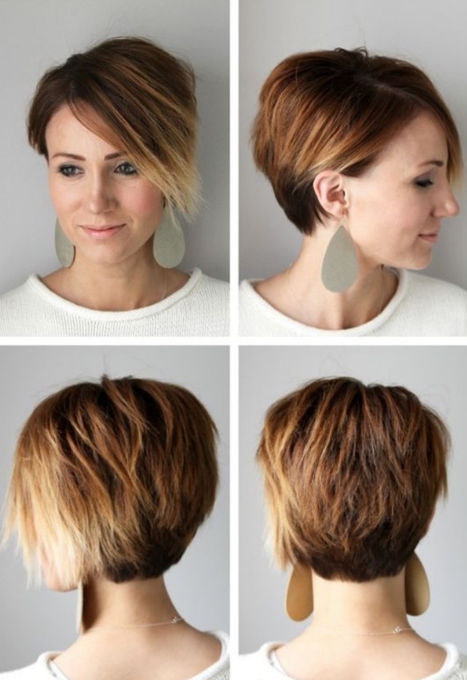 layered hairstyle on dark brunette hair, with blonde strands, worn by woman in white top, with large earrings, short bob hairstyles, seen from four different angles