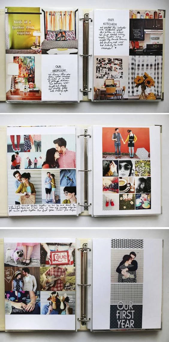 three open binders, craft ideas, showing many photos, of couples and interiors, and some text