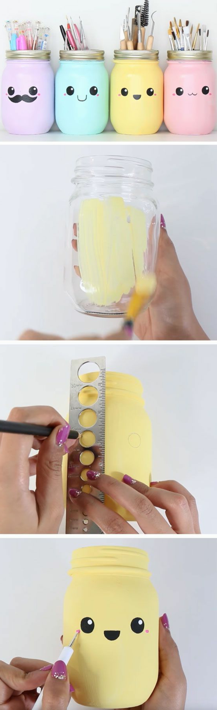 four mason jars, painted in pastel colors, pale purple and blue, yellow and pink, decorated with hand-drawn caroon faces, fun and easy crafts, making of process in three photos