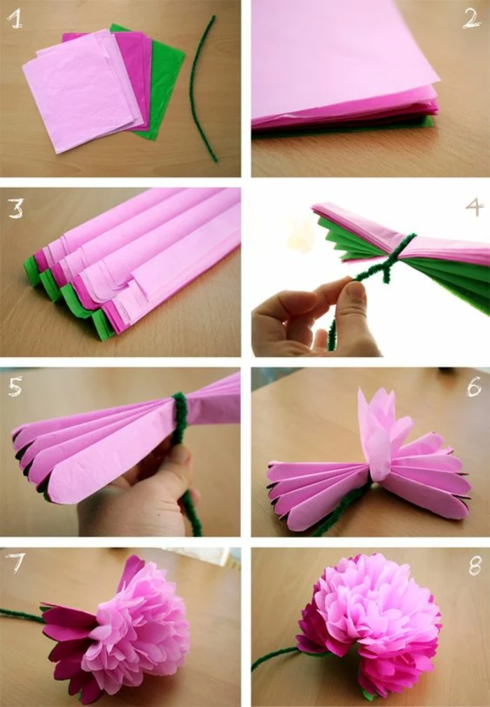 fun and easy crafts, eight images showing a tutorial, explaining how to make a paper flower, several sheets of paper in pink, purple and green, being folded and tied