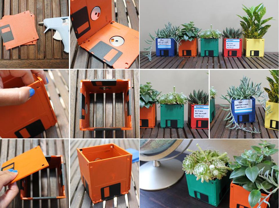 flower pots made from old floppy disks, in different colors, art and craft ideas, step by step photo tutorial, explaining how to make them