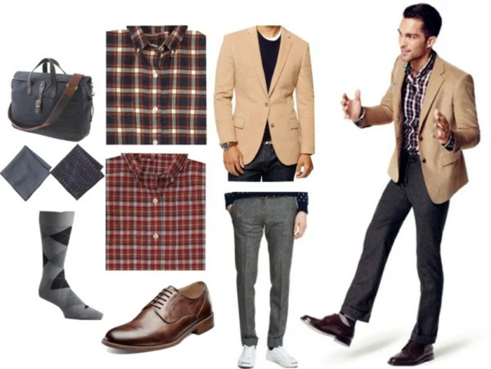 cream blazer and grey carrot pants, two plaid shirts, brown business casual shoes, handkerchiefs and socks, blue and brown bag, near smartly dressed man