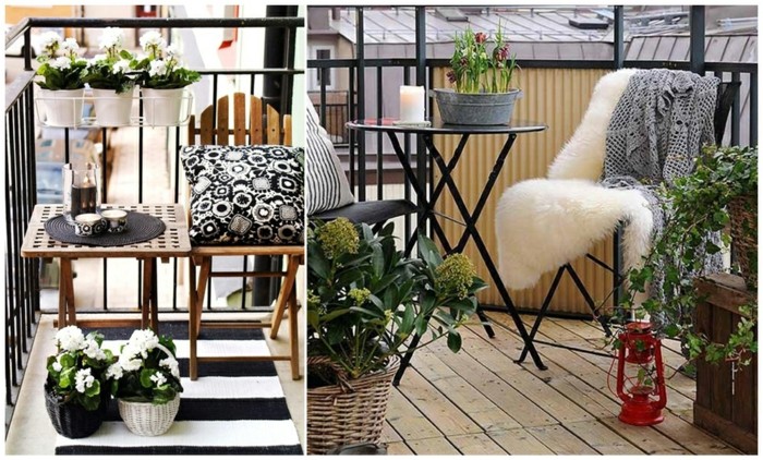 tiny wooden table and chair, with striped rug, front porch decorating ideas, black and white patterned pillow, and many white flowers, in black or white pots