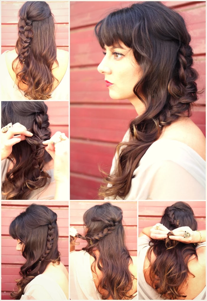 renaissance braids, tutorial showing how to make a messy-half braid, in five easy steps, brunette hair with bangs