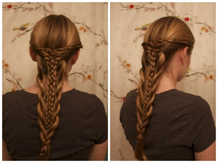 renaissance hairstyles, dark blonde hair, braided in a complex style, with several differently sized braids, coming together in the middle
