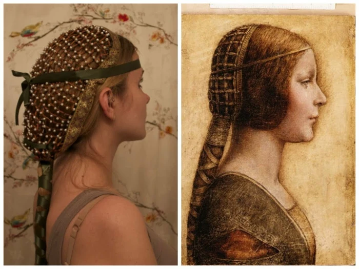 renaissance hairstyles, young woman with hairnet, decorated with pearls and gold, hair woven in green ribbon, next to to her is a medieval painting of a woman, with a similar headdress