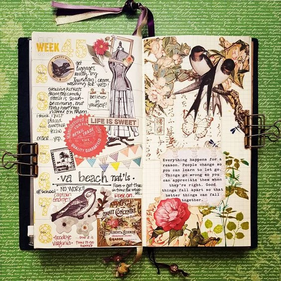 an open notebook, pages decorated with cutouts, printed and hand-writen text, craft ideas, green background