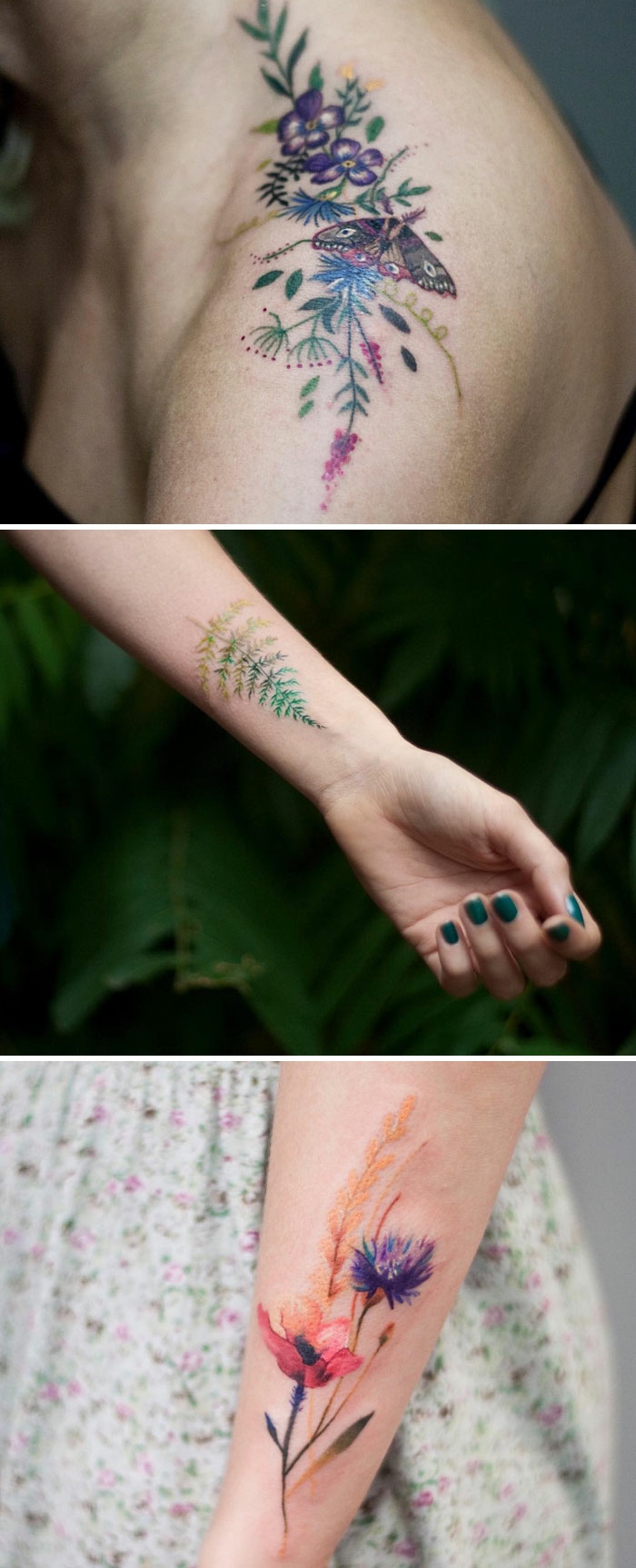 shoulder flower tattoos, with purple, pink and yellow blossoms, green leaves and a butterfly, three-tone fern leaf tattoo near a woman's wrist, water-color effect tattoo, of a poppy and a cornflower, on a person's lower arm