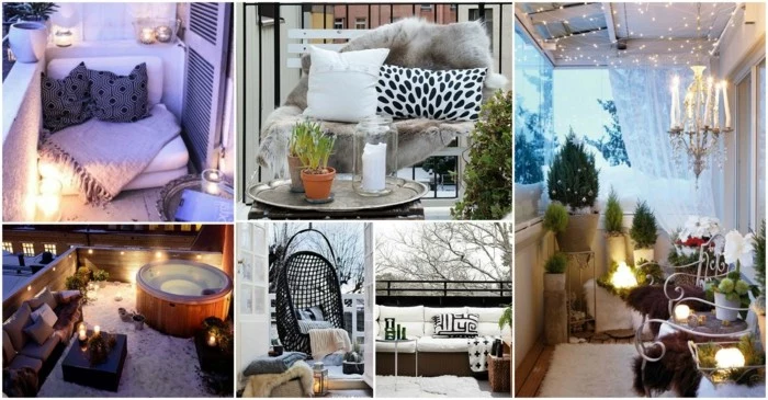 covered patio ideas, six images showing different patios, porches and verandas, hot tub and green potted plants, swing and different fabrics, pillows and fur, wooden settees and blankets