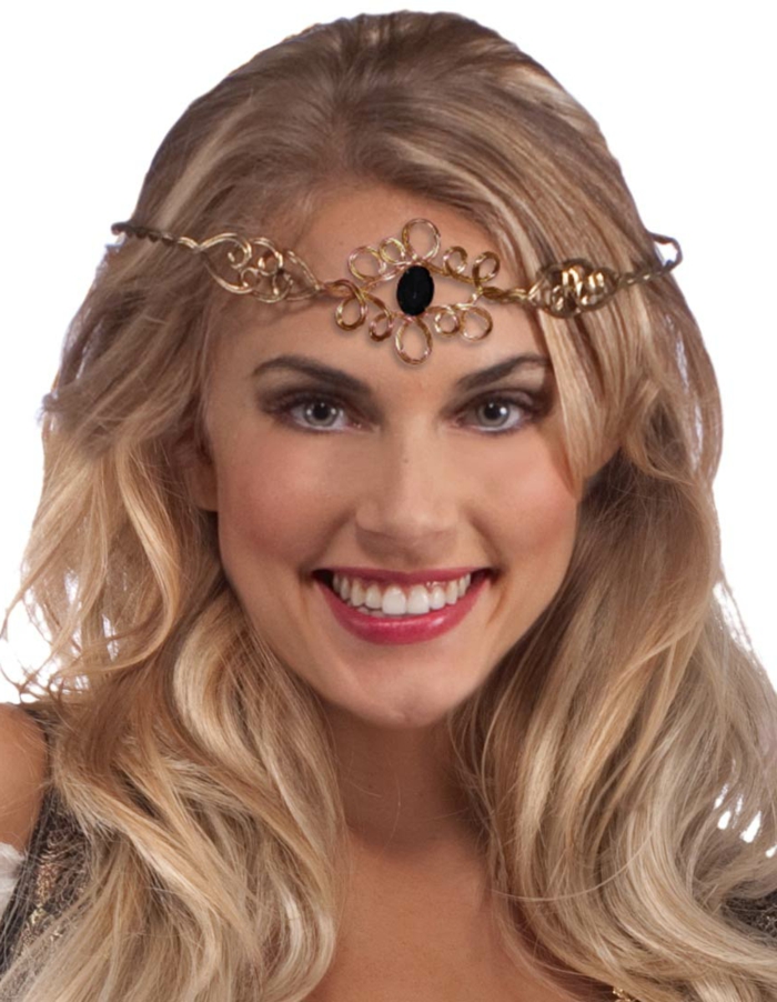 medieval times hair, smiling blonde woman, with wavy natural hair, wearing red lipstick, and ornate gold diadem, with black stone