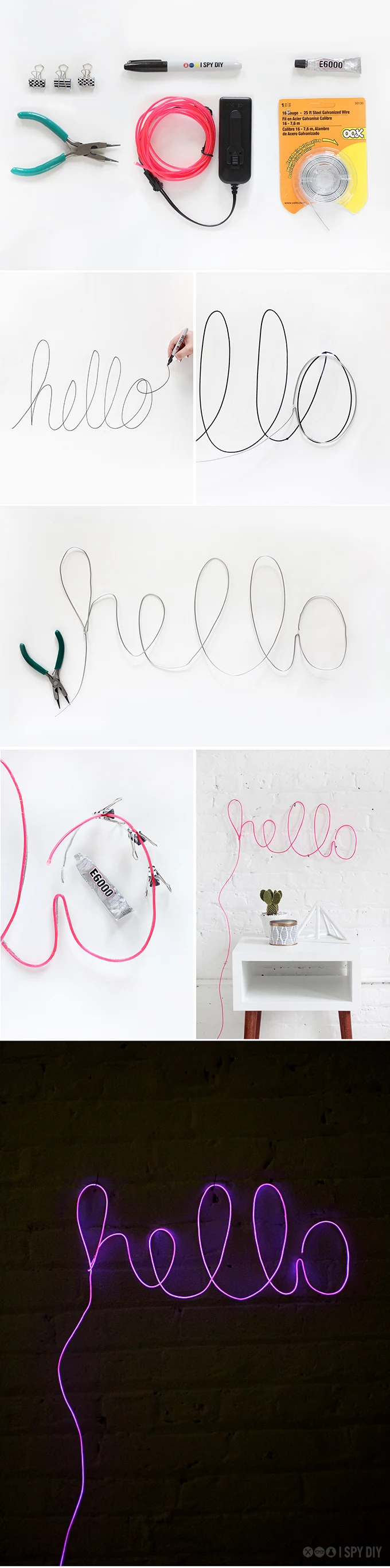 bulldog clips and a 3D marker, glue and pliers, light-up neon pink cord, and some wire, diy shining hello sign