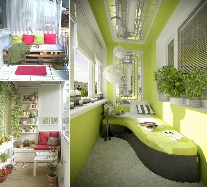 three-images-showing-a-settee-made-of-wooden-pallets-with-pink-and-green-cushions-green-and-grey-covered-patio-ideas-and-a-white-terrace-with-many-green-potted-plants three ideas for balcony decoration, settee made of wooden pallets, with colorful cushions and rug, green lounging area with potted plants, white shelves with plants, near table and cushions