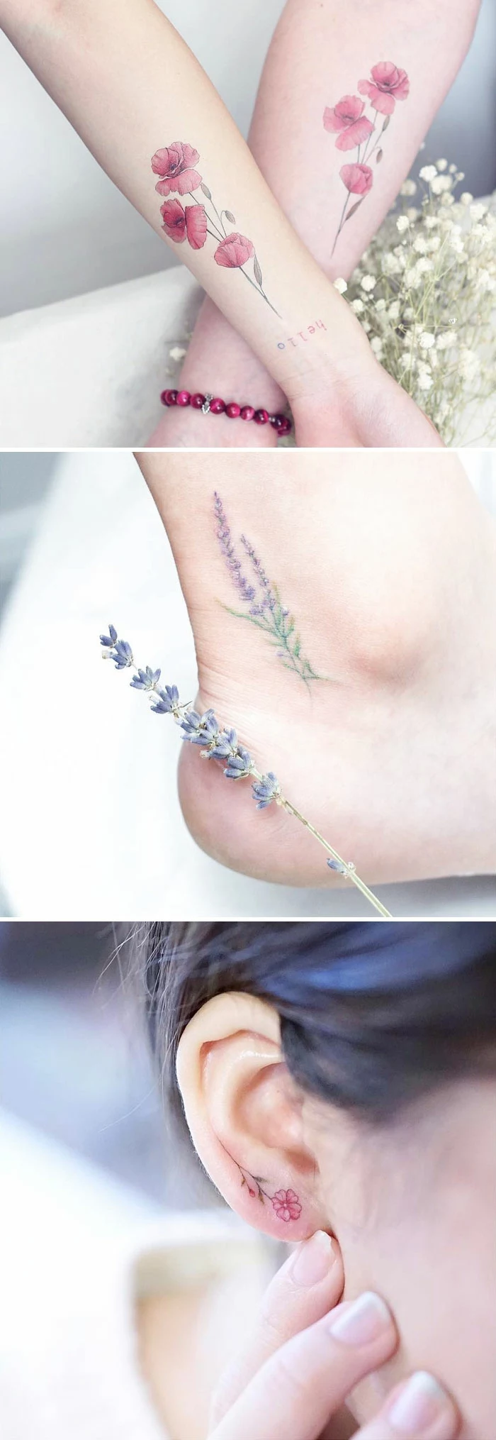 wildflower tattoo, two crossed arms, with identical watercolor-effect poppy tattoos, in red and green, an ankle lavender tattoo in pale violet and green, a tiny ear tattoo, of a pink flower, with thin green stalk