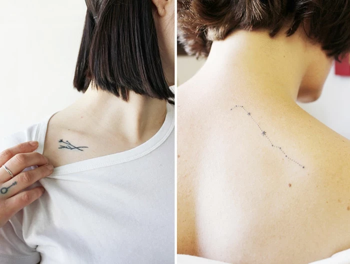 flower tattoo designs, three minimalist tattoos, two tiny and thin flowers on a woman's collar bone, a small ring finger tattoo, a simple dotted constellation tattoo on a woman's back