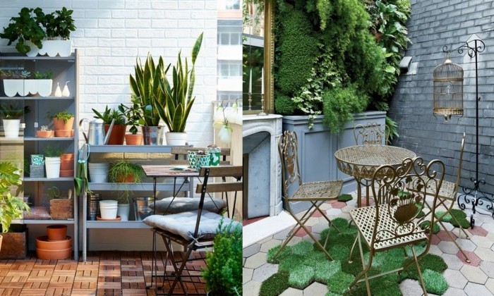 front porch decorating ideas, terrace with wooden floor, shelves containing potted plants and pots, small table and chairs, a lot of green plants on wall, moss in different shades on floor