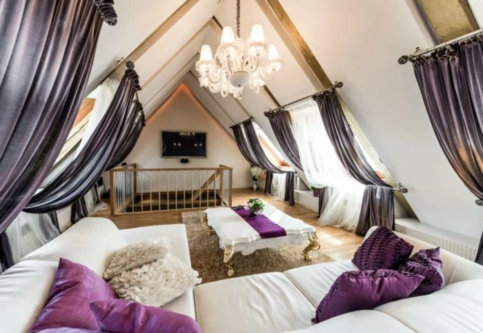 window treatment ideas, attic livingroom with six windows, decorated with white and violet curtains, white sofa and table