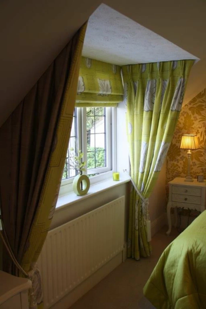 curtains ideas, bedroom with patterned wallpaper, window with light green and white curtains, tied with decorative ropes, bed with green spread