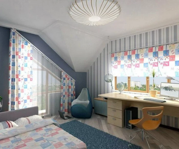 bedroom curtains, child's bedroom with desk and bed, two windows with blue and red patterned curtains