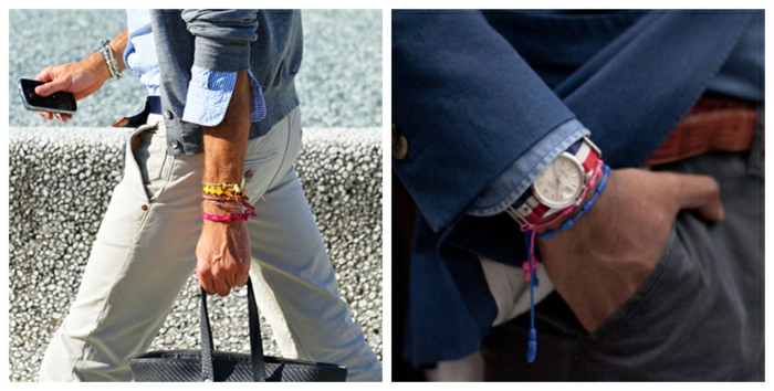 colorful bracelets for men, two close ups showing businessmen, wearing yellow and pink, and red and blue woven bracelets