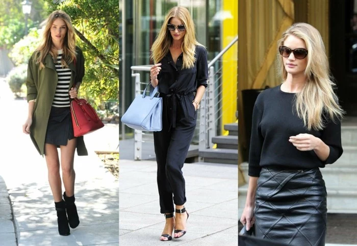 business casual for young women, blonde woman in three different outfits, green parka with striped top and black mini skirt, black jumpsuit and heels, and black sweater with leather mini skirt
