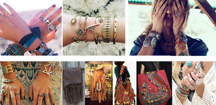 nine photos showing different bohemian fashion accessories, lots of rings, delicate gold and silver bracelets, chunky metal bangles, turquoise decorated items, bags with tassels and embroidery