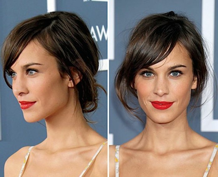 two images of alexa chung, seen from different angles, with hair put up, and side-swept bangs, dark brown hair colors, wearing bright red lipstick, and a pale strappy top 