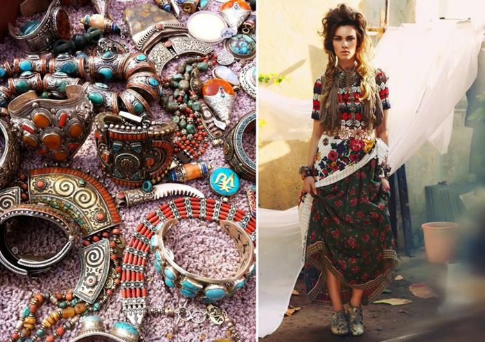 turquoise and other stones, set in necklaces and bracelets, engraved metal plates, beads and ornaments, woman in bohemian fashion floral maxi skirt, and multicolored jumper