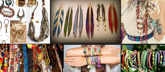 assortment of bohemian fashion beaded necklaces, bracelets and earrings, in many different styles and colors, macrame and chainlink, fabric and metal