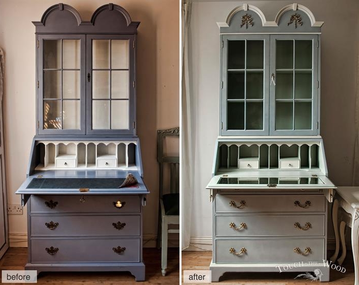 pastel lilac colored dresser, with a writing desk, repainted in duck's egg blue, and decorated with golden ornamental handles