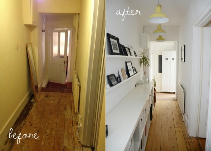 before and after, small hallway ideas, first image shows shabby hall, with worn and damaged floor boards, and one mirror, second image shows space with clean wooden floor, white shelves and cupboards, and several yellow ceiling lamps