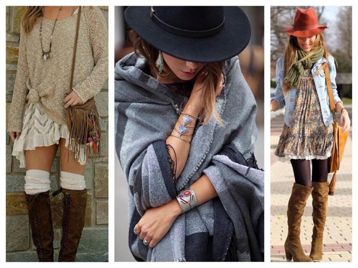 side-tied beige jumper, with tiered mini skirt, over-the-knee socks and brown suede boots, large black hat and grey shawl, mini floral dress, with denim jacket and tights