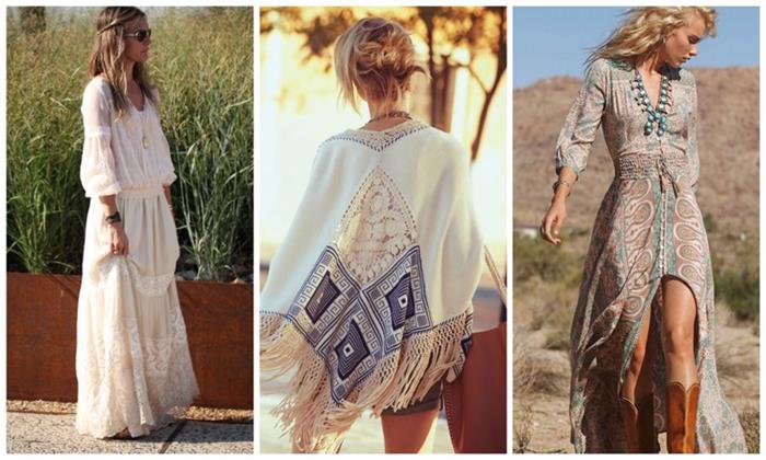 examples of bohemian style clothing, white lace maxi dress with sleeves, embroidered poncho with tassels, maxi dress with front slit, and pale pattern