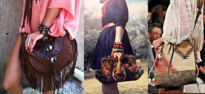 boho fashion bags, crossbody dark brown leather bag with tassels, multicolored oversized carpet clutch, and a tribal embroidered shopper