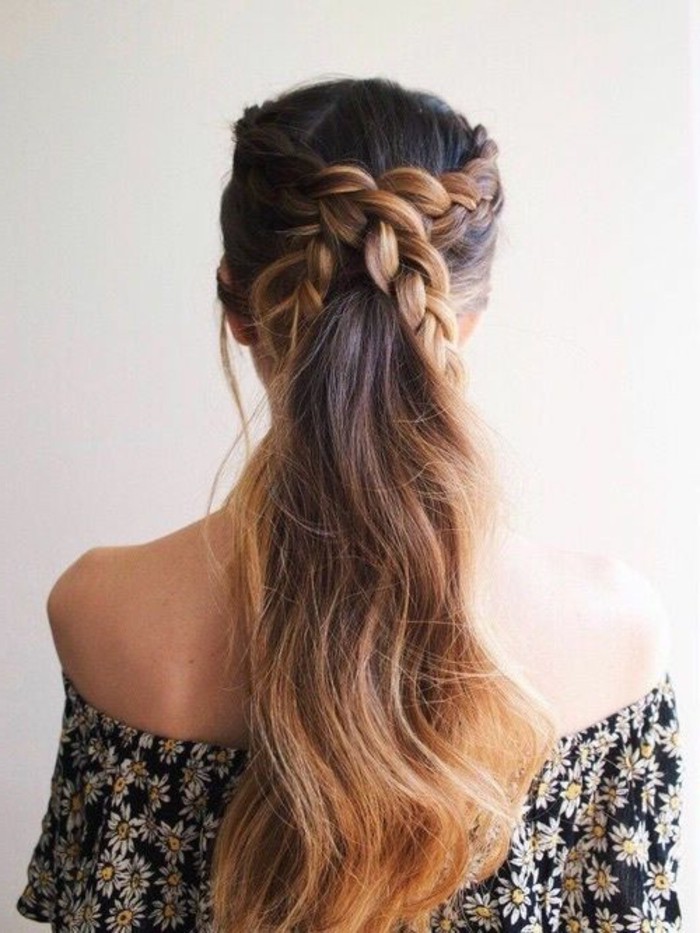 long wavy hair, medium brown hair color, with dark blonde ombre effect, and two crossing braids, worn by woman in black, off-the-shoulder dress, with white daisy print