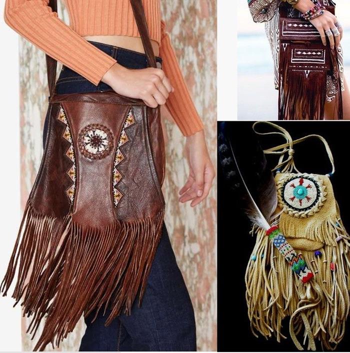 tasseled brown shoulder bag with embroidery, worn by woman in dark jeans and orange sweater, native american style bag in beige, dark brown stitched bag with tassels, bohemian fashion