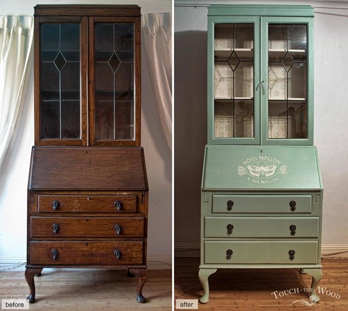 before and after photo, showing dark brown wooden dresser, repainted in pastel turquoise, and decorated with a white graphic