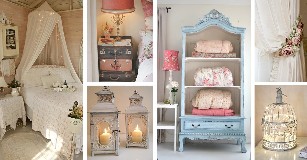white vintage bed with baldachin, vintage suitcases and two rustic lanterns, shabby chic furniture and decorations