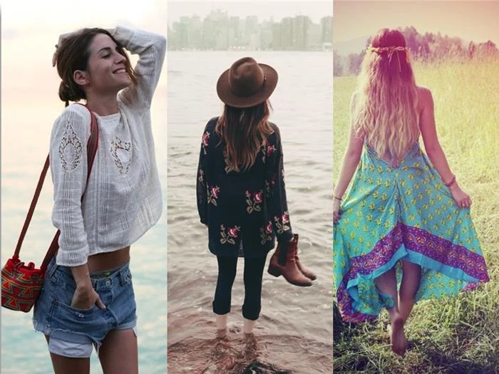 young woman in white, broderie anglaise blouse, and denim shorts, boho clothing, brunette girl with oversized black floral sweater, blonde woman in green maxi dress