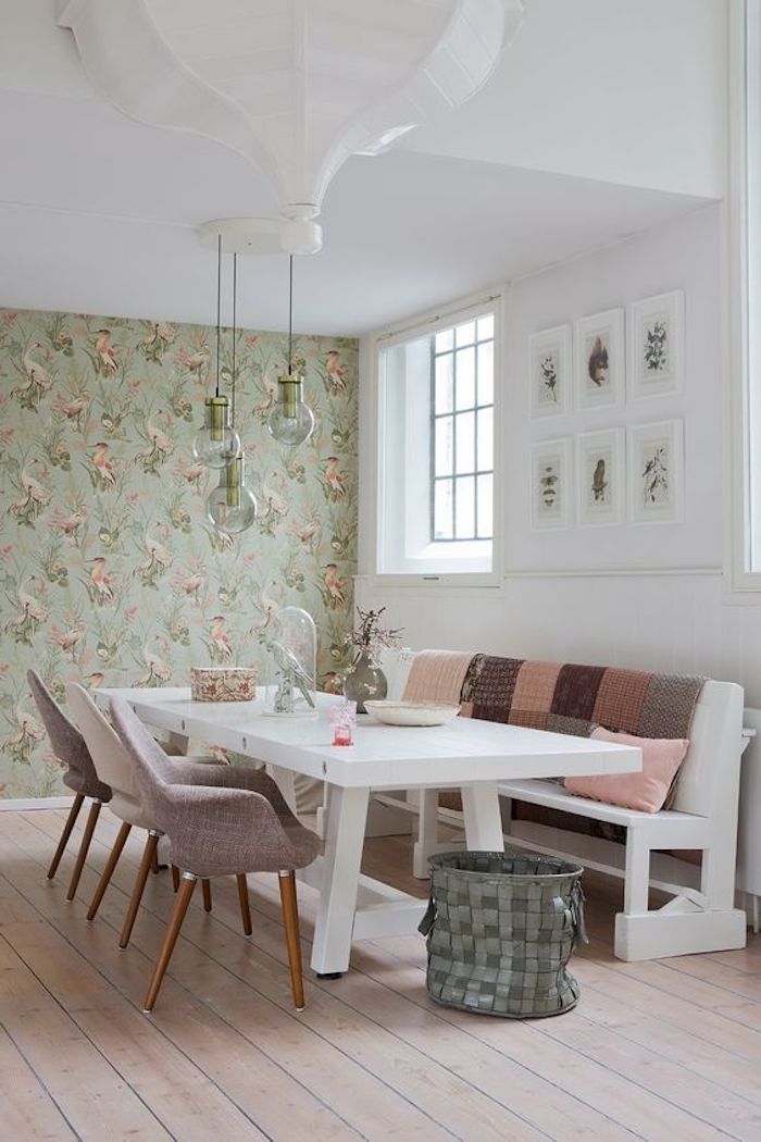 modern country chic dining room, with large white table, and matching bench, covered with shabby sheek cushions, beige fabric chairs