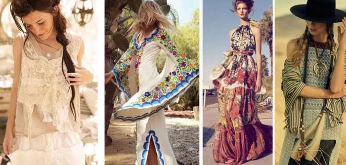 four examples of boho fashion, cream frilly lace outfit, white maxi dress with bell sleeves and colorful embroidery, tiered maxi dress, large black hat, shawl and accessories