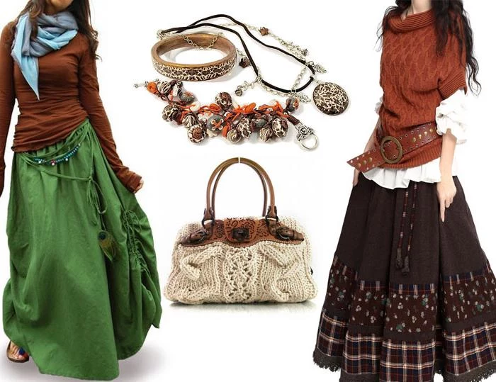two maxi skirts, in green decorated with beads and an ostrich feather, and in brown with patterned fabric inserts, worn with brown tops, pale blue shawl, vintage wide brown belt, crochet knit bag, assorted jewelry