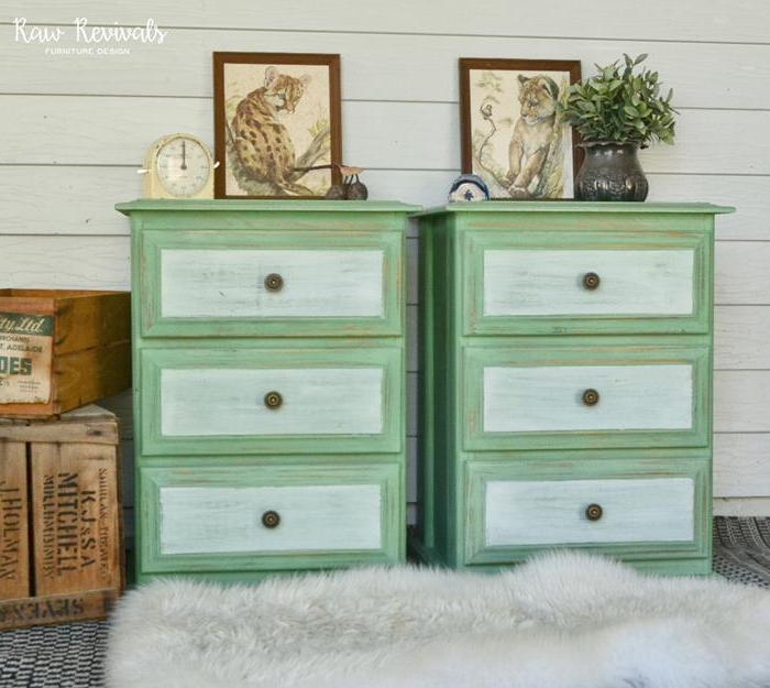 country cottage furniture, two pale green and white identical cupboards, with three drawers each, antique renovated style, artworks and decorations