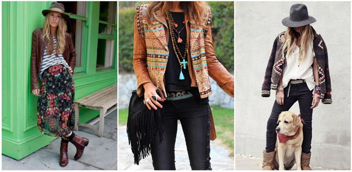 striped top and floral maxi skirt, worn with hat and leather jacket, embroidered biker jacket in orange, dark brown leather jacket, with colorful decorations, bohemian style looks